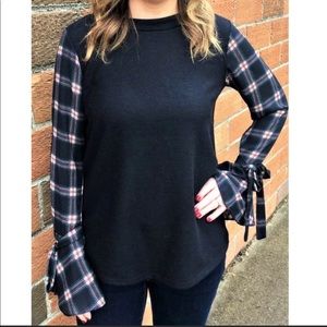 Boho Plaid bell tie sleeve blouse top black flowy